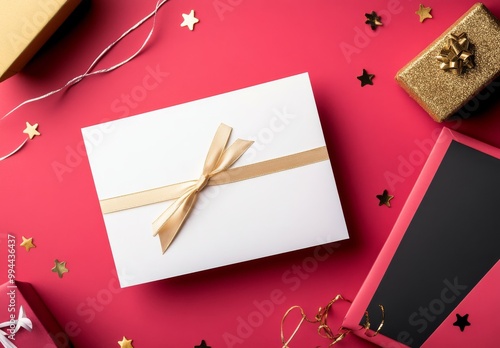 Festive holiday card with red ribbon and decorations on a bright red background