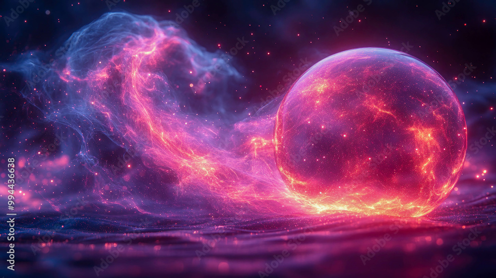 A luminous, pink and purple energy sphere floating amidst glowing nebula-like streams A luminous, pink and purple energy sphere floating amidst glowing nebula-like streams
