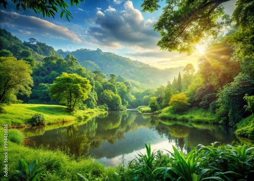 Serene Nature Background Aesthetic with Lush Greenery, Soft Light, and Tranquil Atmosphere for Relaxation