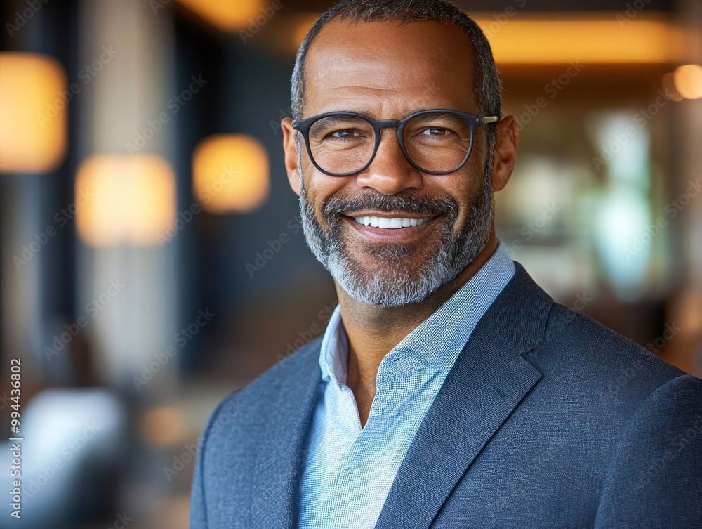 Fototapeta premium A well-dressed man with glasses smiles warmly in a bright, contemporary office environment