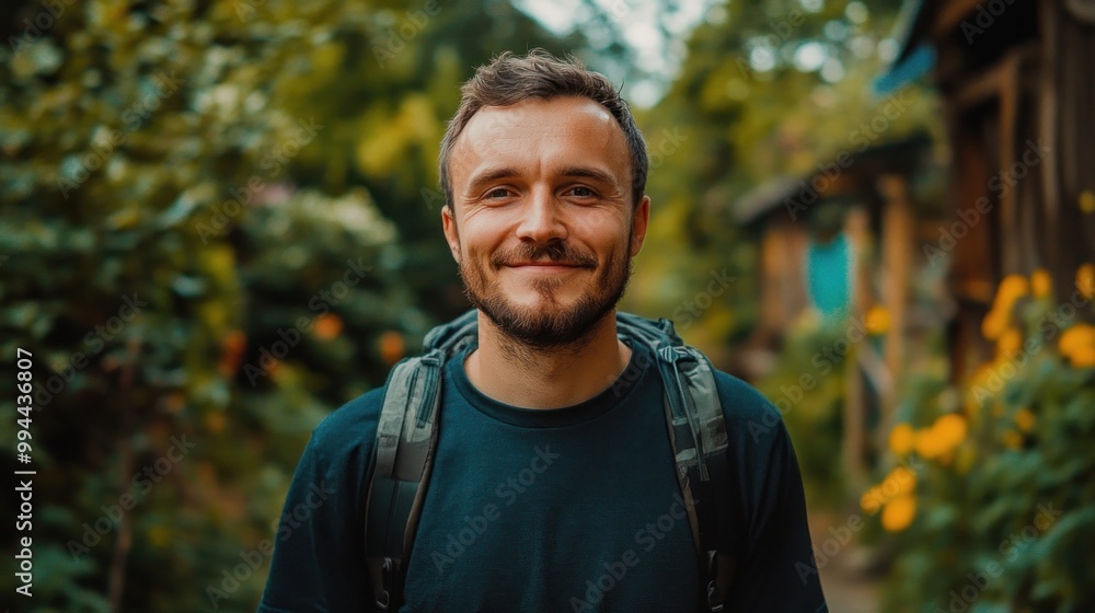 A joyful young man stands on a trail, beaming with happiness, surrounded by lush greenery and vibrant flowers A joyful young man stands on a trail, beaming with happiness, surrounded by lush greenery and vibrant flowers