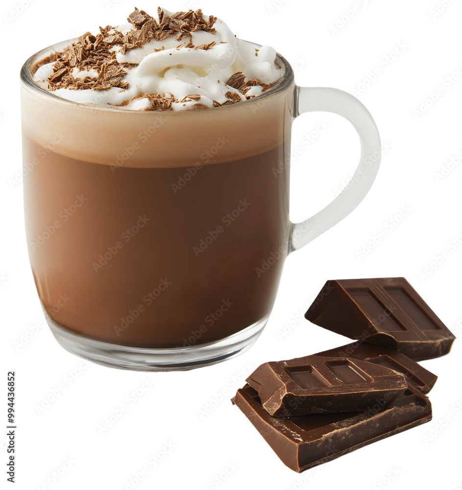 Isolated hot chocolate drink in glass cup, creamy cocoa beverage with foam, delicious sweet dessert coffee alternative, tasty warm milk-based treat, frothy homemade comfort drink Isolated hot chocolate drink in glass cup, creamy cocoa beverage with foam, delicious sweet dessert coffee alternative, tasty warm milk-based treat, frothy homemade comfort drink