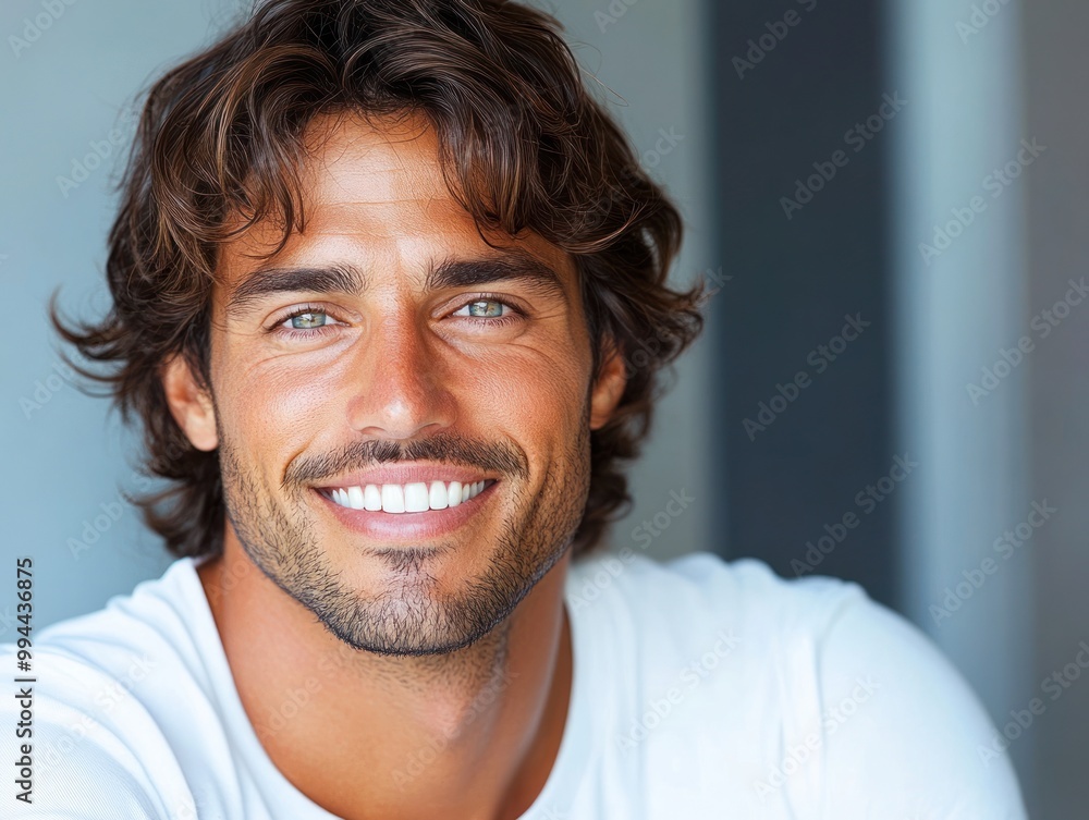 A cheerful man with wavy hair is smiling warmly while sitting indoors, radiating positivity and confidence A cheerful man with wavy hair is smiling warmly while sitting indoors, radiating positivity and confidence