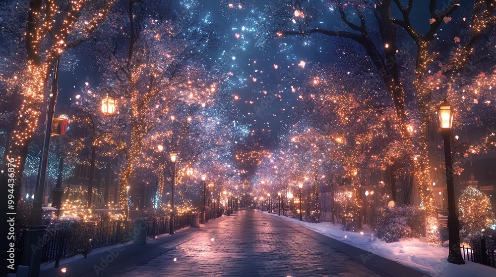 A quiet, empty street with a sidewalk lined with trees adorned with lights. The lights on the trees create a warm and inviting atmosphere, and the snow on the ground adds to the peaceful ambiance A quiet, empty street with a sidewalk lined with trees adorned with lights. The lights on the trees create a warm and inviting atmosphere, and the snow on the ground adds to the peaceful ambiance