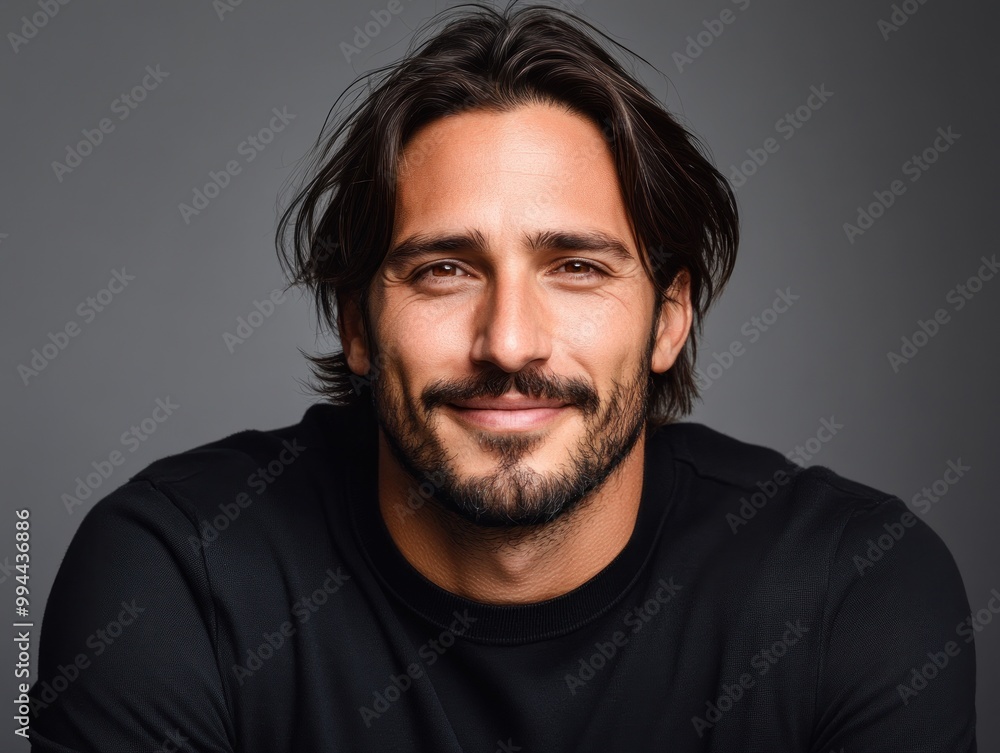 The man exudes confidence and charm with a genuine smile, set against a simple gray backdrop