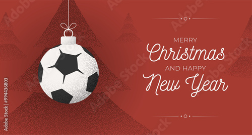 soccer football Christmas Greeting grainy card. Merry Christmas and happy new year sport retro greeting card. Hang on a thread xmas ball bauble