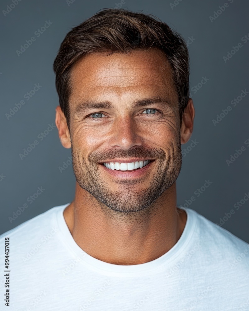 Fototapeta premium A cheerful man with a well-groomed beard and bright smile stands confidently in casual attire