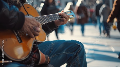 Close-up of a guitarist wearing a leather jacket, playing an acoustic guitar on a bustling city street.