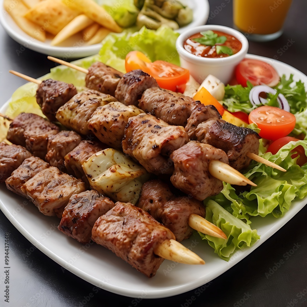 Delicious fresh Kebab assortment Served with some salad, grilled chicken skewers with a side of grilled vegetables, grilled kebab with couscous and vegetables Delicious fresh Kebab assortment Served with some salad, grilled chicken skewers with a side of grilled vegetables, grilled kebab with couscous and vegetables