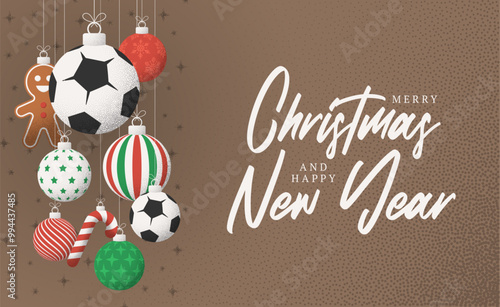 soccer football Christmas Greeting grainy card. Merry Christmas and happy new year sport retro greeting card. Hang on a thread xmas ball bauble