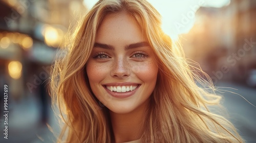 A cheerful young woman smiles warmly as the sunset casts a golden glow in a lively urban setting