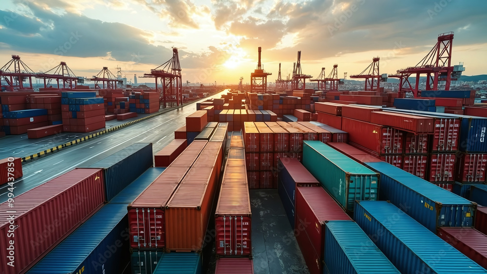 Stack of Colorful Shipping Containers at Sunset