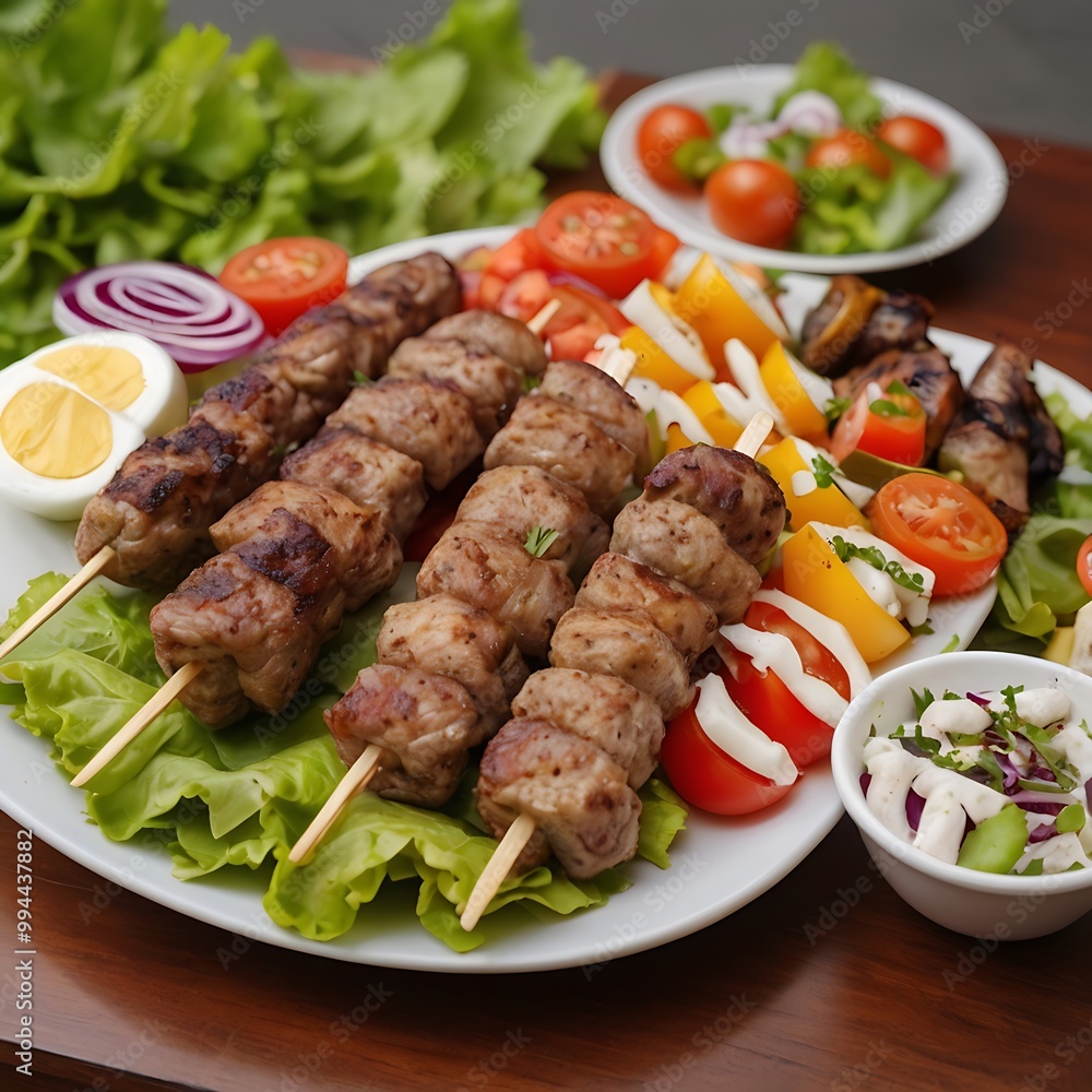 Delicious fresh Kebab assortment Served with some salad, grilled chicken skewers with a side of grilled vegetables, grilled kebab with couscous and vegetables Delicious fresh Kebab assortment Served with some salad, grilled chicken skewers with a side of grilled vegetables, grilled kebab with couscous and vegetables
