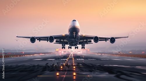 A majestic airplane takes off at sunset, rising above the runway with a sky painted in warm hues of orange and yellow.