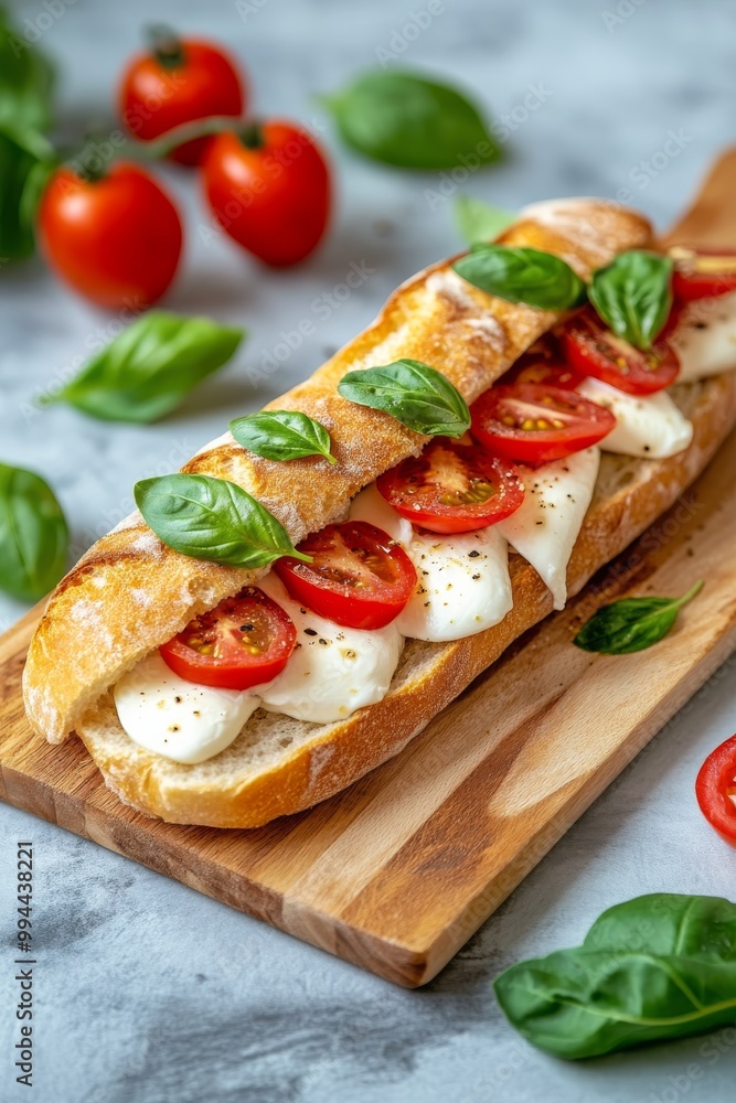 Delicious sandwich with mozzarella, tomatoes, and basil served on a wooden board Delicious sandwich with mozzarella, tomatoes, and basil served on a wooden board