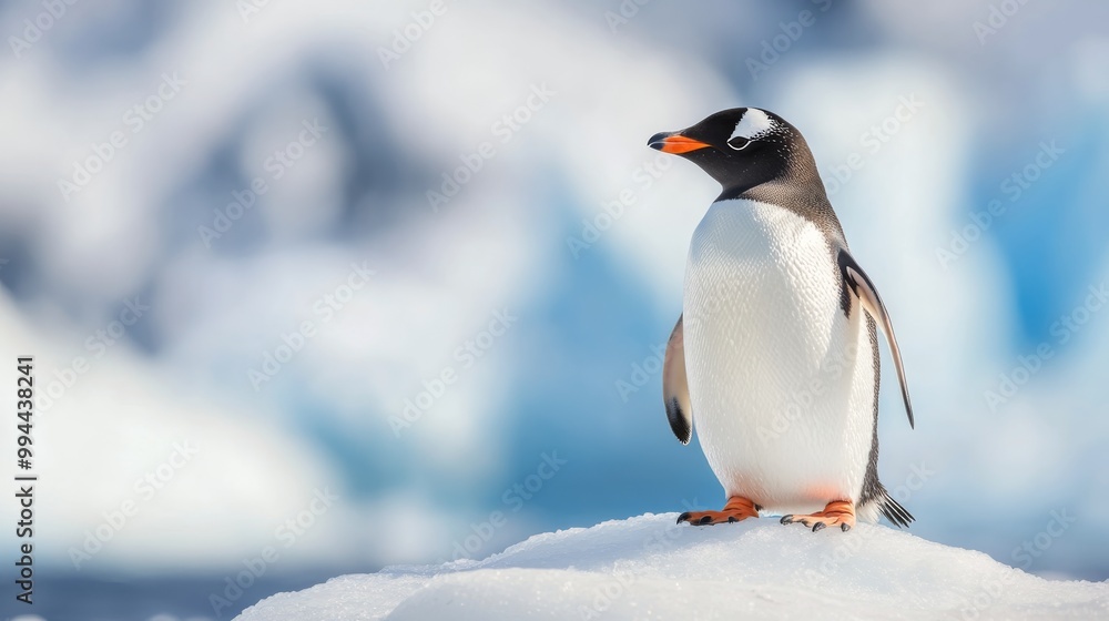 Naklejka premium Gentoo penguin standing on snow-covered ground with icy backdrop in winter