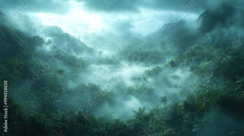 Mystical tropical rainforest shrouded in mist, featuring dense greenery and towering trees. Ethereal atmosphere with fog, damp forest floor and soft light the canopy, perfect for nature background