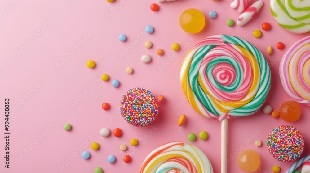 Colorful lollipops and candy treats scattered on a pink background for a festive atmosphere Colorful lollipops and candy treats scattered on a pink background for a festive atmosphere