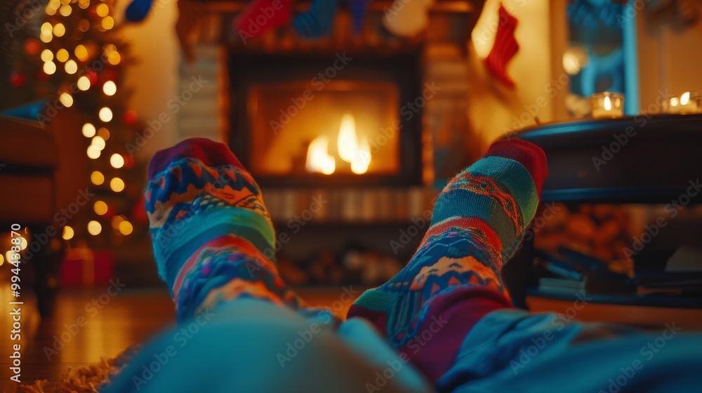 Cozy woolen socks with vibrant patterns warm feet as they rest near a crackling fireplace, capturing the essence of a festive, comfortable evening at home. Cozy woolen socks with vibrant patterns warm feet as they rest near a crackling fireplace, capturing the essence of a festive, comfortable evening at home.