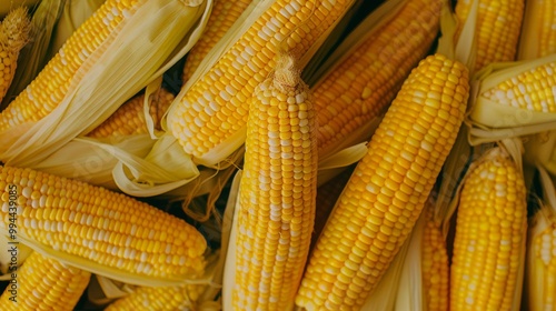 A tightly packed close-up of golden-yellow corn cobs neatly arranged, highlighting the details and textures of their kernels and husks. photo