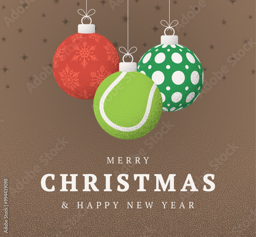 tennis Christmas Greeting grainy card. Merry Christmas and happy new year sport retro greeting card. Hang on a thread xmas ball bauble