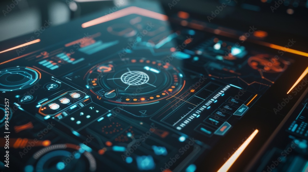 A close-up view of a vibrant digital control panel, showcasing an array of intricately designed buttons, screens, and indicators in a high-tech setting. A close-up view of a vibrant digital control panel, showcasing an array of intricately designed buttons, screens, and indicators in a high-tech setting.