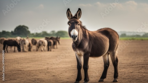 A single donkey stands in a barren dry field looking directly at the camera with other donkeys visible in the background against a clear blue sky. photo