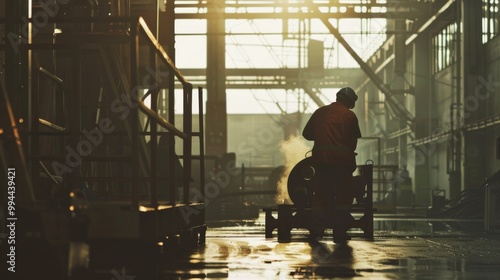 Silhouette of an industrial worker operating machinery in a large warehouse, bathed in the soft glow of sunlight filtering through the vast industrial space.