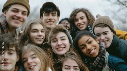 A cheerful group of friends, wrapped up in winter attire, smiles widely and poses for a close-knit selfie on a brisk day.