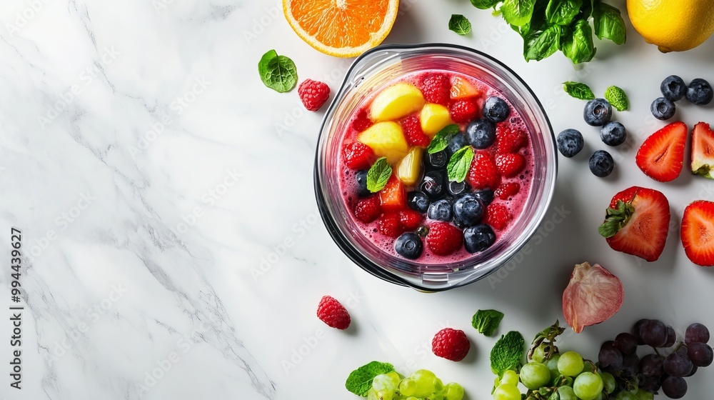 Indulge in the freshness of a vibrant smoothie, meticulously crafted in a blender amidst a vibrant array of ingredients Indulge in the freshness of a vibrant smoothie, meticulously crafted in a blender amidst a vibrant array of ingredients