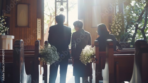 Three people stand in a warmly lit church aisle, facing the altar, holding bouquets, conveying anticipation and solemnity in a serene, sunlit setting.