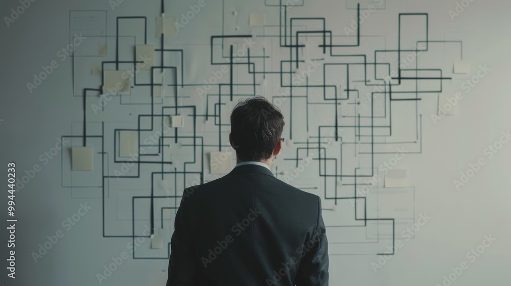 A man in a suit ponders a wall filled with an intricate network of lines and notes, contemplating connections and solving problems. A man in a suit ponders a wall filled with an intricate network of lines and notes, contemplating connections and solving problems.