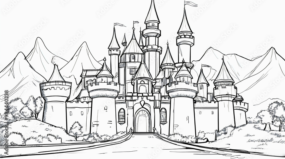 Fantasy castle coloring book page, royal palace outline drawing for children, medieval fortress illustration with towers and flags, fairytale kingdom sketch for preschool education Fantasy castle coloring book page, royal palace outline drawing for children, medieval fortress illustration with towers and flags, fairytale kingdom sketch for preschool education