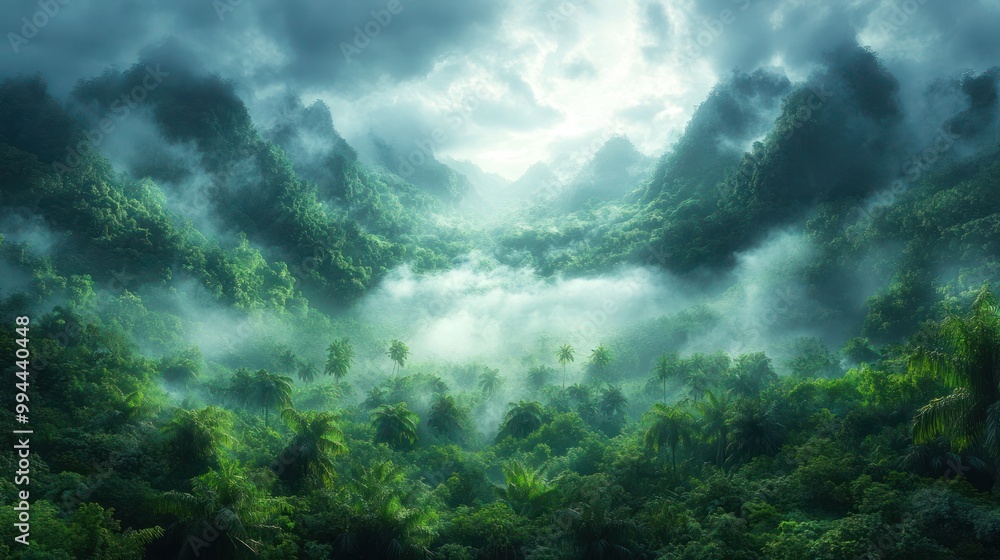Mystical tropical rainforest shrouded in mist, featuring dense greenery and towering trees. Ethereal atmosphere with fog, damp forest floor and soft light the canopy, perfect for nature background Mystical tropical rainforest shrouded in mist, featuring dense greenery and towering trees. Ethereal atmosphere with fog, damp forest floor and soft light the canopy, perfect for nature background