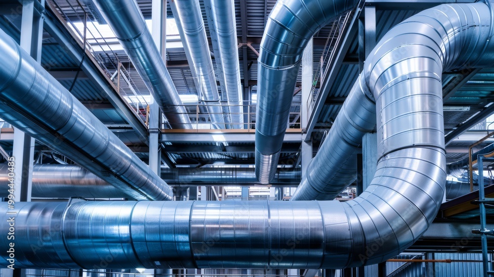 An intricate network of metallic pipes and ducts twist and turn through an industrial facility, showcasing modern engineering and design complexity. An intricate network of metallic pipes and ducts twist and turn through an industrial facility, showcasing modern engineering and design complexity.