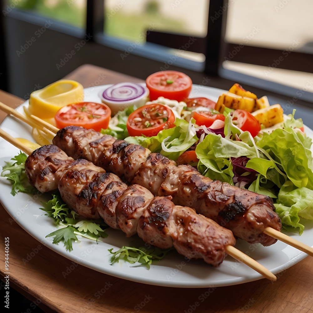 Delicious fresh Kebab assortment Served with some salad, grilled chicken skewers with a side of grilled vegetables, grilled kebab with couscous and vegetables Delicious fresh Kebab assortment Served with some salad, grilled chicken skewers with a side of grilled vegetables, grilled kebab with couscous and vegetables