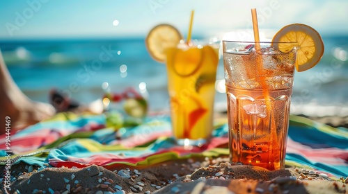 Two refreshing cocktails with lemon slices on a beach towel in the sand.  Photographed on a sunny day with blue ocean in the background. photo