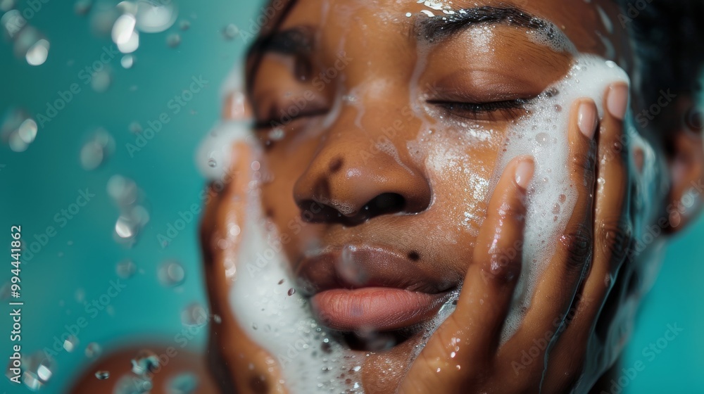 A close-up of a person's face with eyes closed, enjoying a moment of serenity while washing with soap and water, capturing the essence of personal care. A close-up of a person's face with eyes closed, enjoying a moment of serenity while washing with soap and water, capturing the essence of personal care.