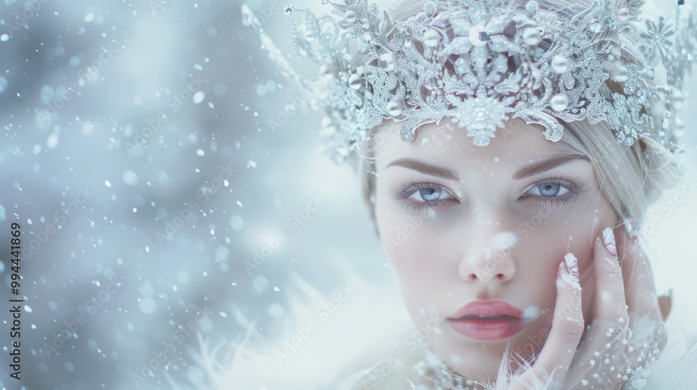 Close-up of a person with an elaborate winter crown, surrounded by snowflakes, emphasizing elegance and cold beauty. Close-up of a person with an elaborate winter crown, surrounded by snowflakes, emphasizing elegance and cold beauty.