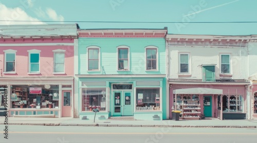 Fototapeta Naklejka Na Ścianę i Meble -  A row of charming pastel-painted storefronts lines a quaint small town street under a clear blue sky, evoking a sense of nostalgia and simplicity.