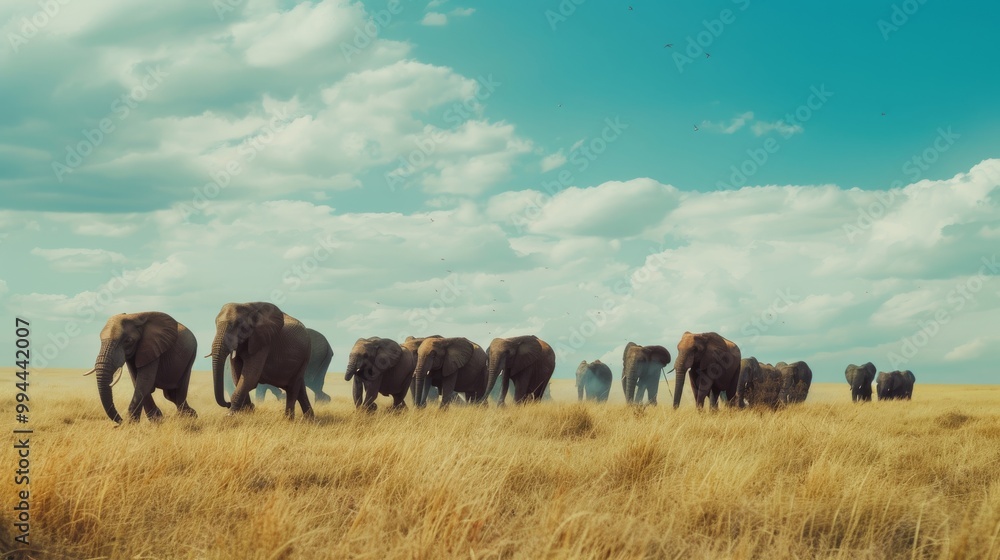 A majestic herd of elephants gracefully walks through golden savanna grass under a clear blue sky with wisps of clouds. A majestic herd of elephants gracefully walks through golden savanna grass under a clear blue sky with wisps of clouds.