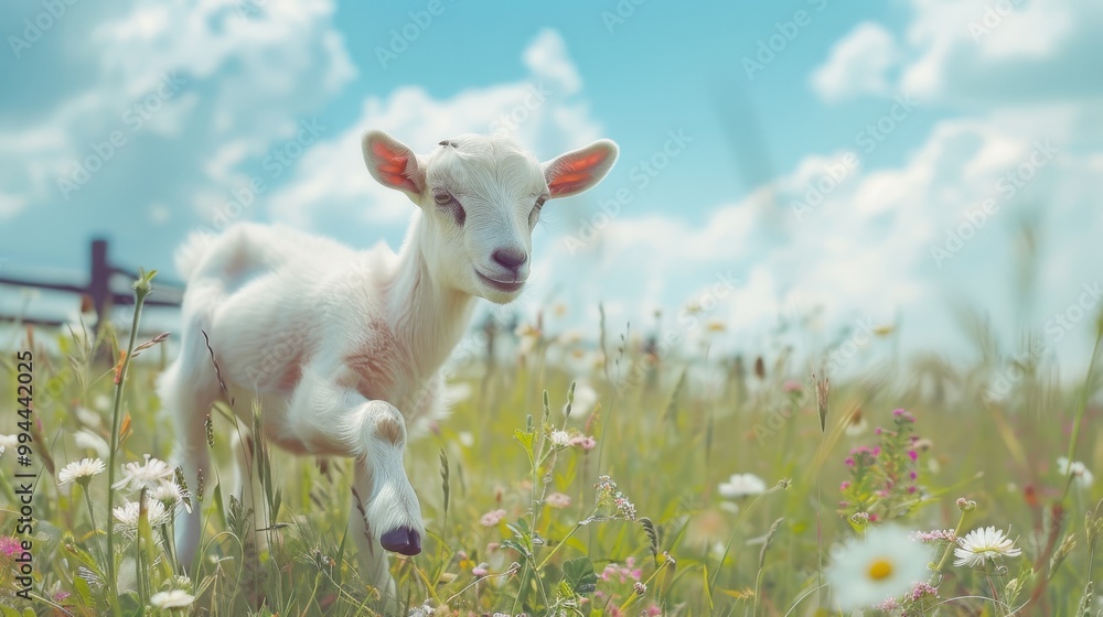 Amidst a spring meadow under a brilliant blue sky, a baby goat enjoys a carefree day, surrounded by blooming flowers. Amidst a spring meadow under a brilliant blue sky, a baby goat enjoys a carefree day, surrounded by blooming flowers.