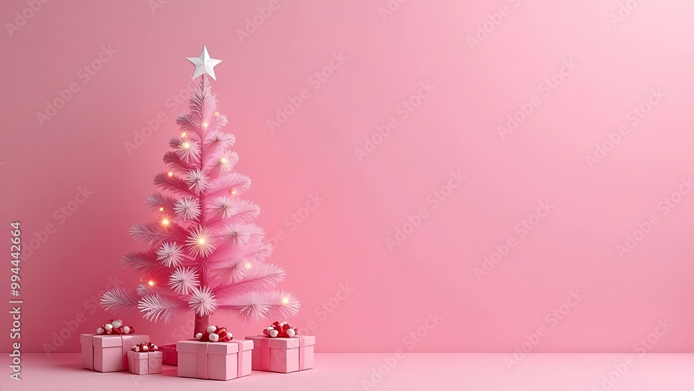Pink Christmas tree on a pink background, gifts under the tree Pink Christmas tree on a pink background, gifts under the tree