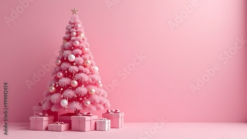 Pink Christmas tree on a pink background, gifts under the tree 