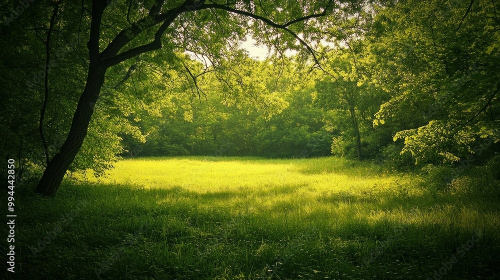Sunlit Meadow Framed by Lush Green Trees in a Forest Sunlit Meadow Framed by Lush Green Trees in a Forest