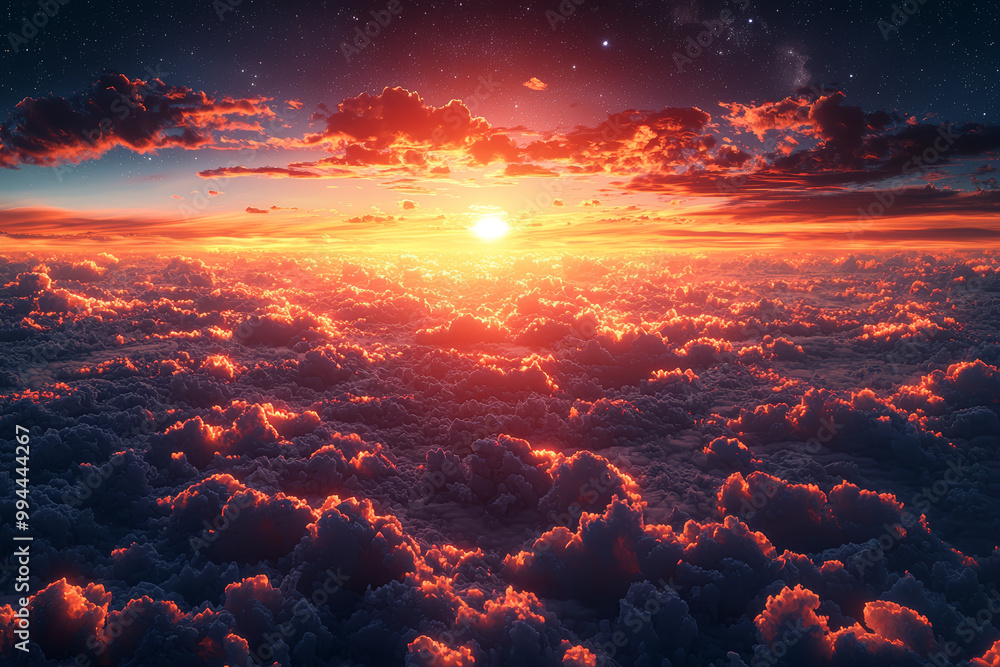 A picturesque sunrise gradually blending into a starry night sky, symbolizing the continuity and passage of time. A picturesque sunrise gradually blending into a starry night sky, symbolizing the continuity and passage of time.