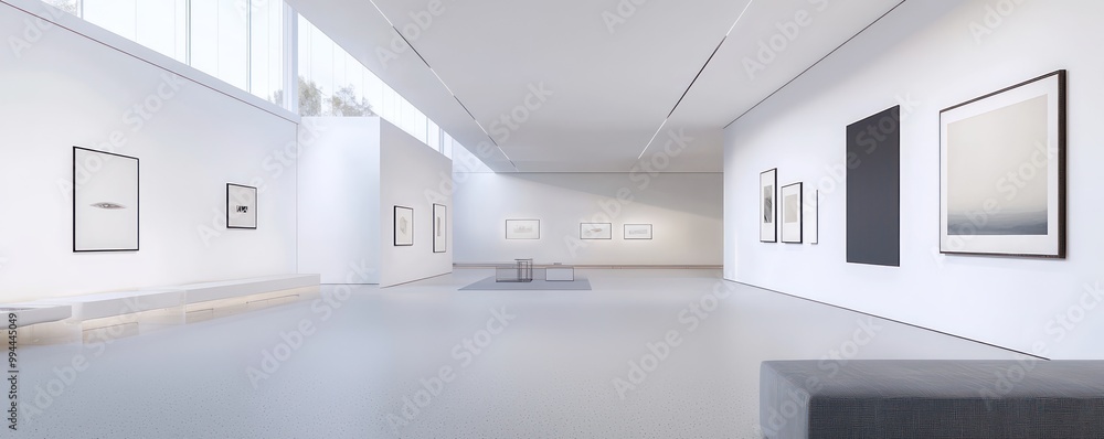 A minimalist modern art museum with expansive white walls, discreet lighting to highlight the artworks, and a sparse layout that guides visitors through the space in a thoughtful, unhurried manner A minimalist modern art museum with expansive white walls, discreet lighting to highlight the artworks, and a sparse layout that guides visitors through the space in a thoughtful, unhurried manner