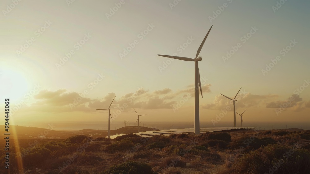 Obraz premium Wind turbines stand tall against a dusky sky, harnessing renewable energy amidst a scenic landscape.