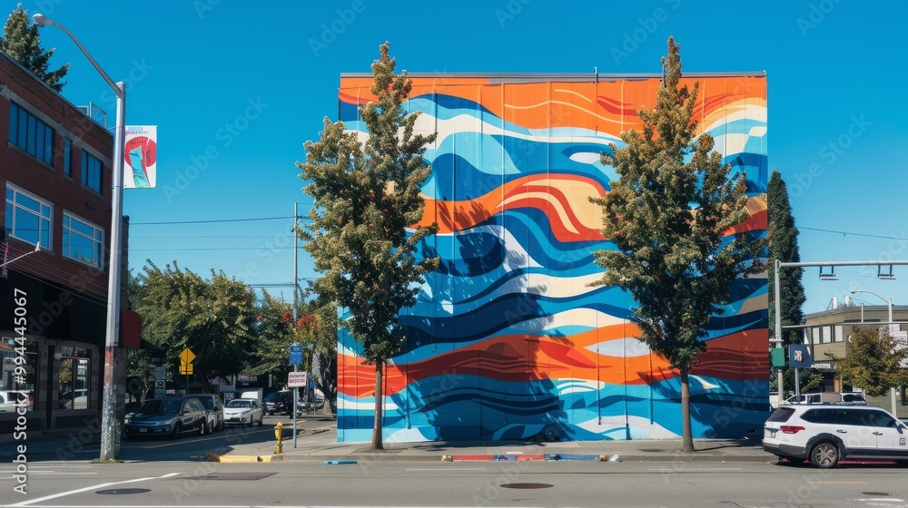 Fototapeta premium A vibrant mural of swirling waves and colors adorns a modern building facade, flanked by trees under a clear blue sky.