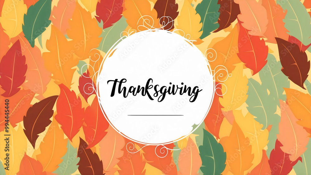 Vibrant illustration of an elegant white round frame with a Thanksgiving message written in modern typography, on a abstract array of falling leaves in shades of orange, red, and yellow background Vibrant illustration of an elegant white round frame with a Thanksgiving message written in modern typography, on a abstract array of falling leaves in shades of orange, red, and yellow background